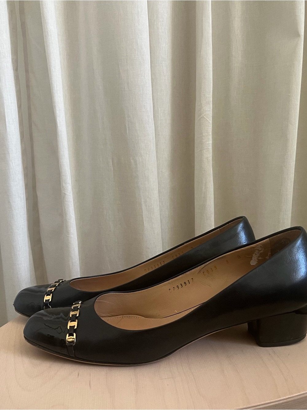Salvatore Ferragamo Black Patent Leather Block Heel Pumps with Gold Accent